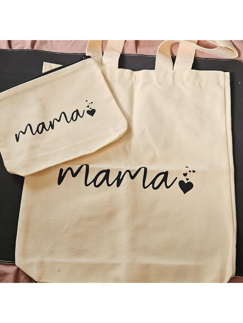 Beige Tote Bag Set with Coin Purse, 'Mama' Print, Heart Design, Lightweight